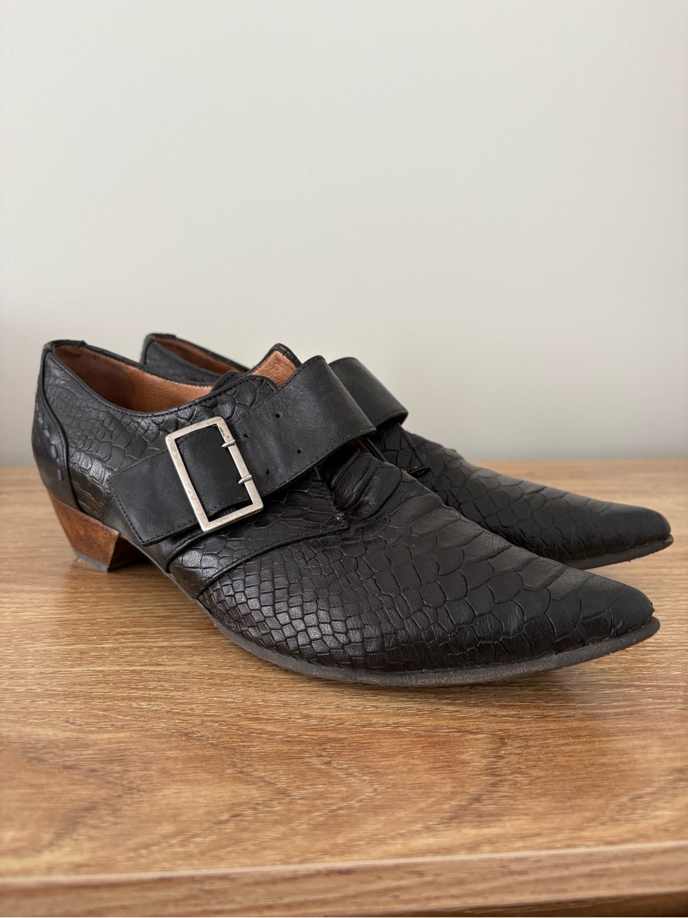 Unisex Fleuvog Black Textured Pointed Loafers with Buckle